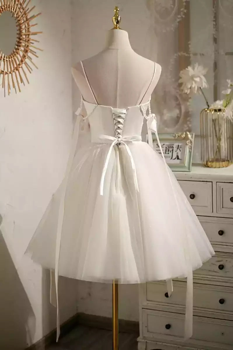 Elegant A-line chiffon short, thin shoulder strap, sleeveless neckline, bow tie, back, Prom Dresses